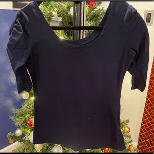 New York & Company Navy Top with Ruched Sleeves XS